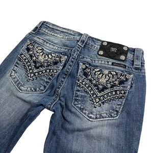 Miss Me Signature Boot Jeans 28x34 Blue Denim Studded Rhinestone Pockets